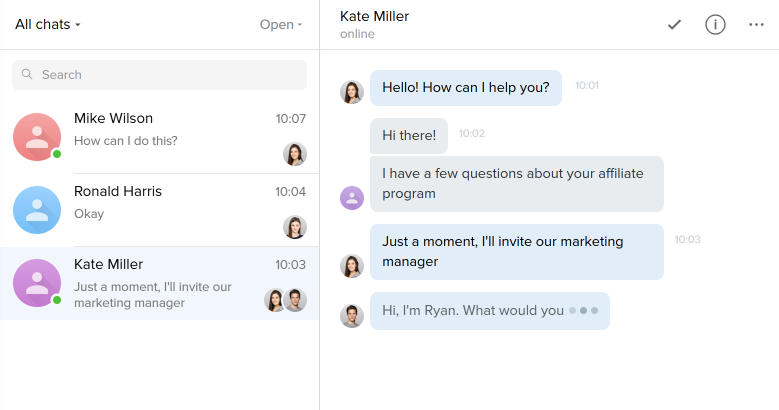 group-chats-en-new A group chat in the Chaport app for operators - a conversation between a customer and two chat operators