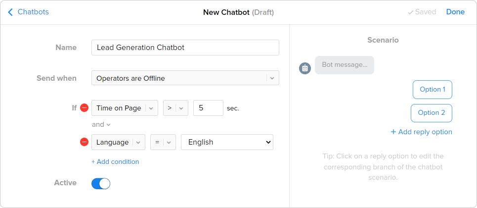lead-generation-chatbots-specify-rules Chatbot settings in Chaport