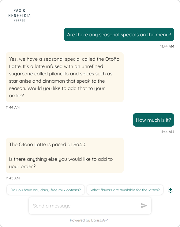pax-barista-gpt Conversation with a coffee shop chatbot